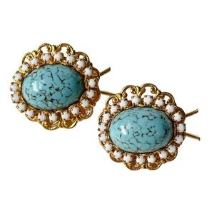 1980s Gold Plate Turquoise Art Glass & Milk Glass Handcrafted Pair Barrettes
